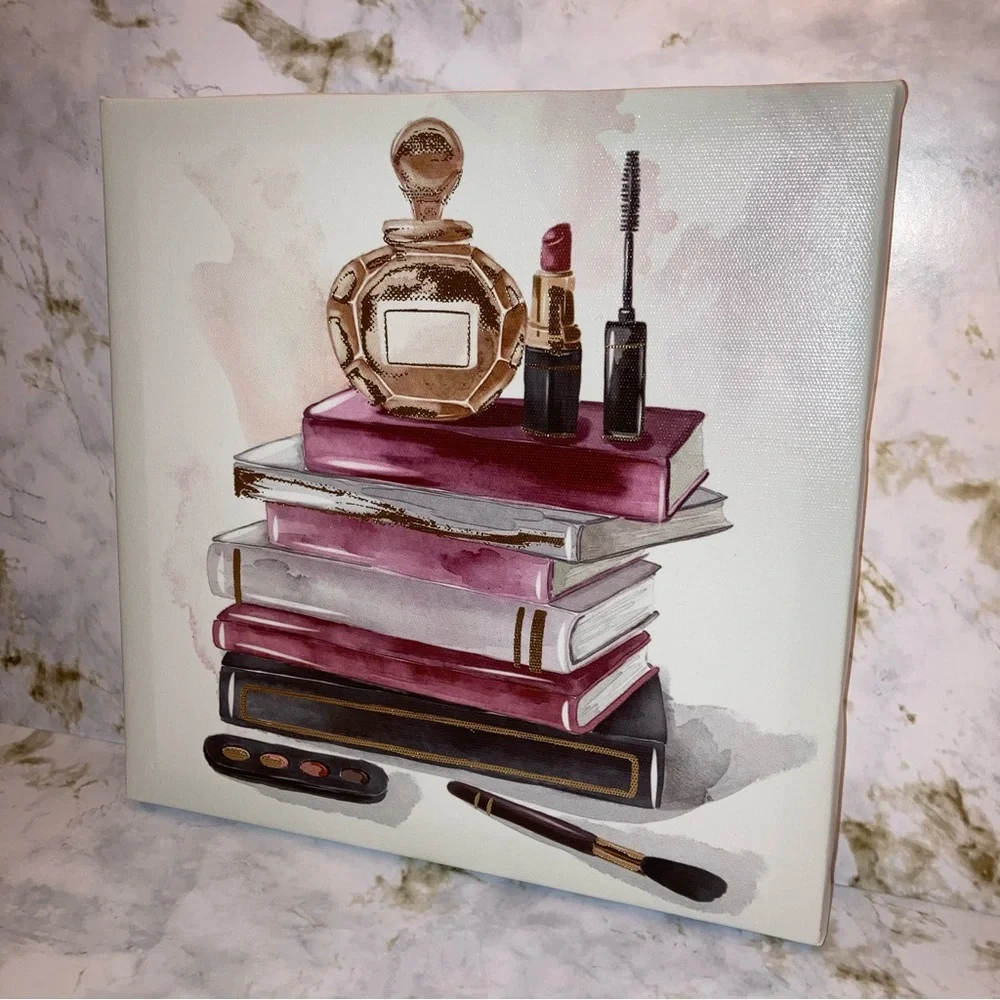 NEW Makeup and Books Canvas Wall Art Burgundy Gold Beauty Glam Home Decor